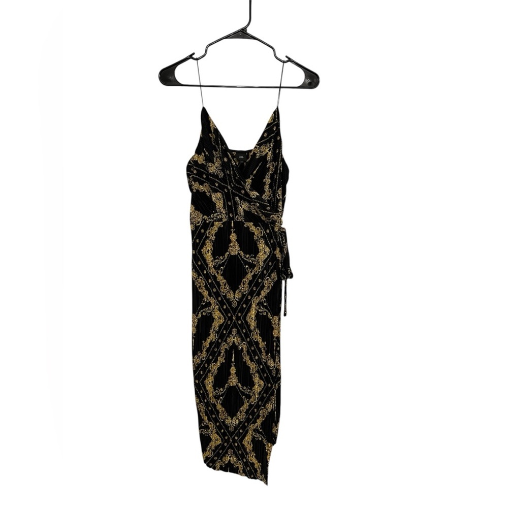 River Island Black & Gold Pleated Wrap Midi Dress Size 10